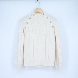 MAJE Braided Knit Chunky Sweater Ecru With Gold Button Jumper Women's 1/US S
